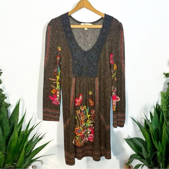 ARYEH Boho Artsy Peasant Floral Print Lace Crochet Mixed Media Long Sleeve Dress - Picture 1 of 10